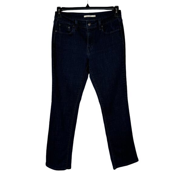 Levi’s 505 SZ 28 Straight Jeans Stretch Zip-Fly Pockets Mid-Rise Dark Wash Women - Picture 1 of 11